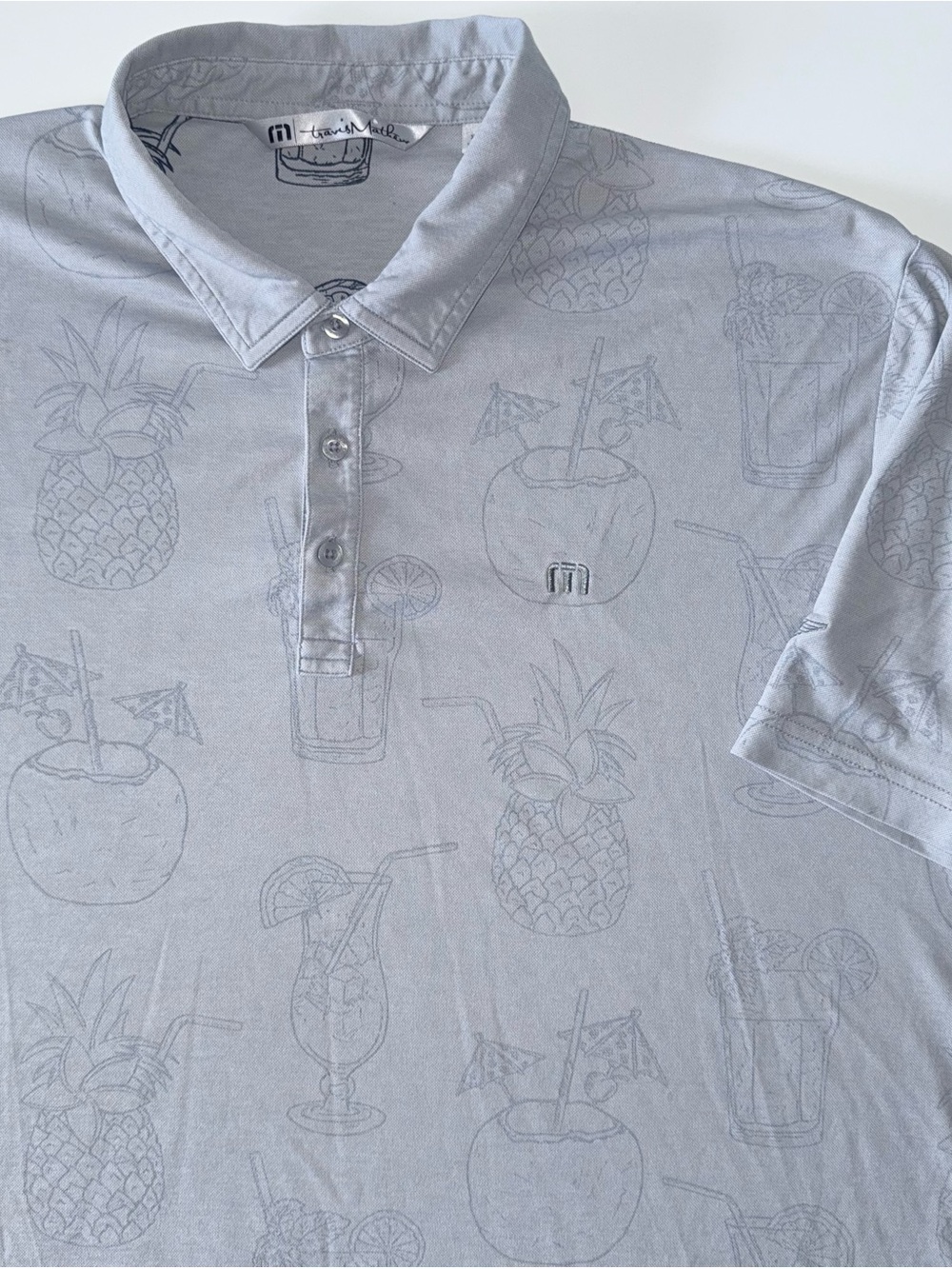 Travis Mathew Golf Polo Men's XXL Gray Tropical AllOver Print Cotton Blend